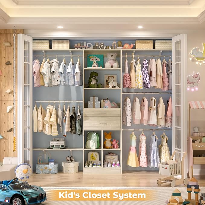 Besiost Closet System - 5-8FT Closet Organizer System with Wooden Drawers & Cube Storage Organizer, Up To 96" Closet Systems for Nursery & Walk-In Closets with Cuttable Hanging Shelving, Greige Oak - Image 2