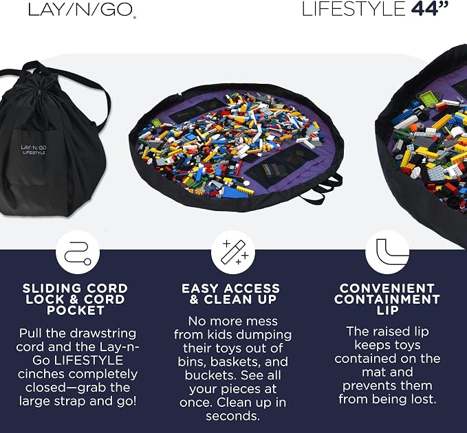 Lay-n-Go Layflat Portable Drawstring Cinch Storage Toy & Mini Figures Organizer & Play Mat, Mesh Pockets, Home & Travel, Kids & Toddlers Playdates, 2 Straps for Backpack, Durable, Machine Washable - Image 3