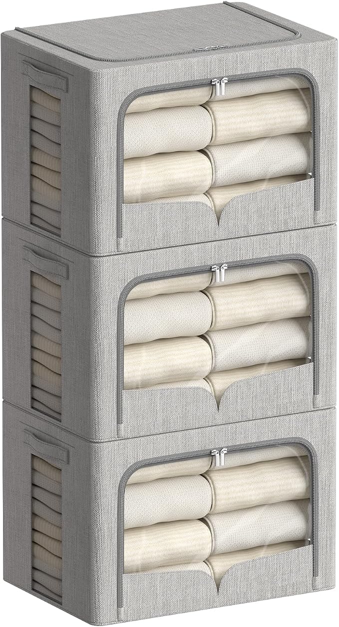 FHSQX 3 Pack Clothes Storage Bins - Foldable Metal Frame Storage Box - Stackable Linen Fabric Container Organizer Set with Carrying Handles and Clear Window (Light Gray, 15.7x11.8x9.8inch(30L)) by FHSQX