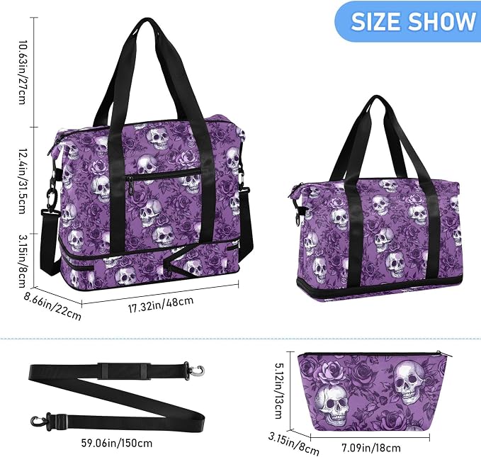 Travel Duffel Tote Bag Purple Rose Skull Sports Duffel Bag with Wet Pocket Weekender Overnight Bag for Women Men Gym Bag, Carry On Bag Hospital Bag for Labor and Delivery - Image 6