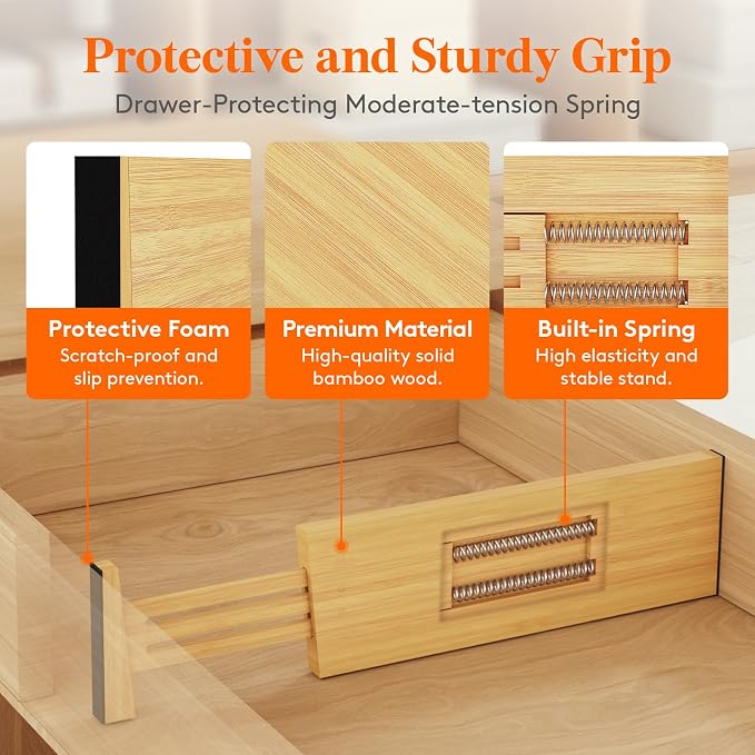 Lifewit 4" High Dresser Drawer Dividers, Adjustable Bamboo Drawer Organizer | 4 Pack 12"-16" Expandable Drawer Separator for Clothes, Utensils, Kitchen, Cabinet, Closet, Nursery Organization & Storage - Image 3