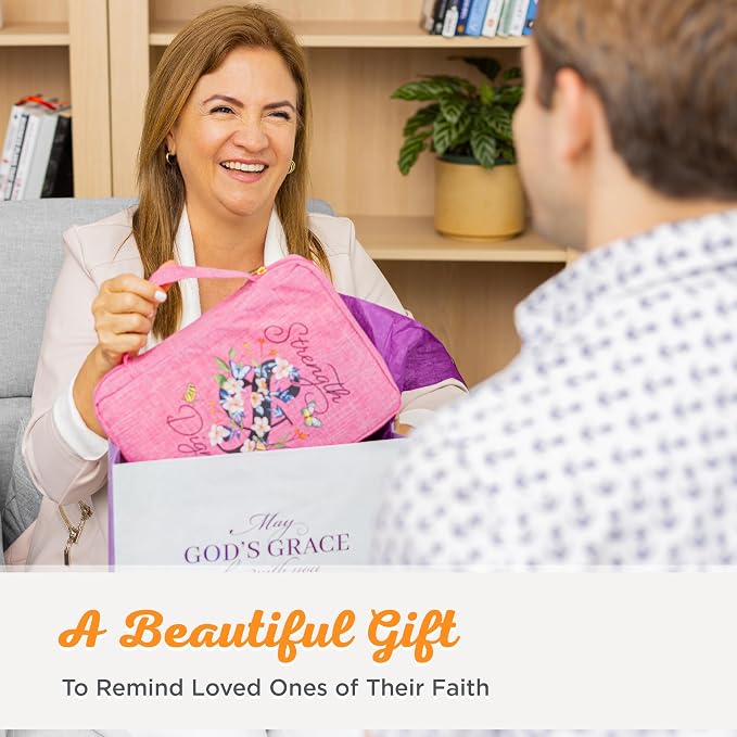 Christian Art Gifts Polyester Canvas Bible Cover for Women w/Zippered Pocket & Pen Storage: Strength & Dignity - Proverbs 31:25 Inspirational Bible Verse Carry Case, Pink Butterfly Floral, Large - Image 11