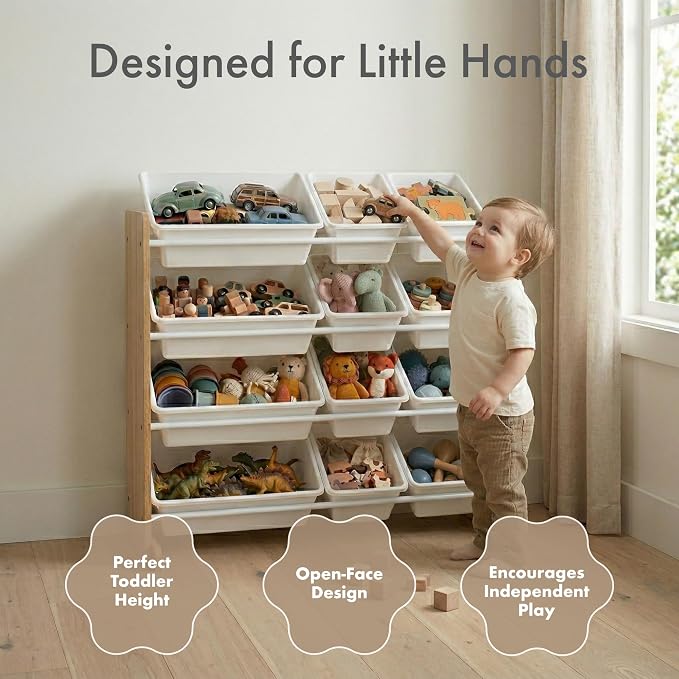 Humble Crew Kids Toy Organizer with 12 Bins, 4 Tier Storage for Playroom | Sturdy wood and steel toddler shelf, removable BPA-free containers, wall anchor anti-tip safety kit for bedroom or classroom - Image 3
