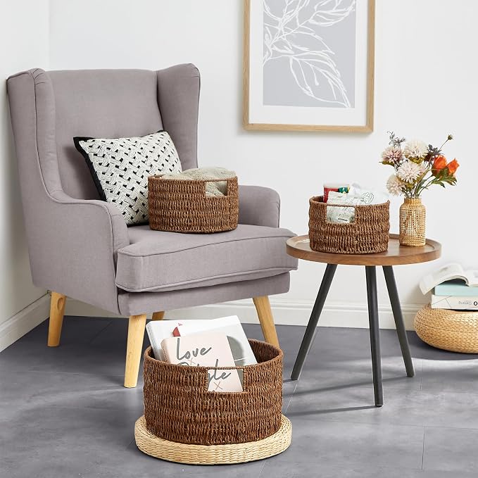 Wicker Storage Basket, Hand-Woven Paper Rope Large Round Woven Basket With Handles, Wicker Baskets for Organizing/Storage, Brown, 3-Pack - Image 8