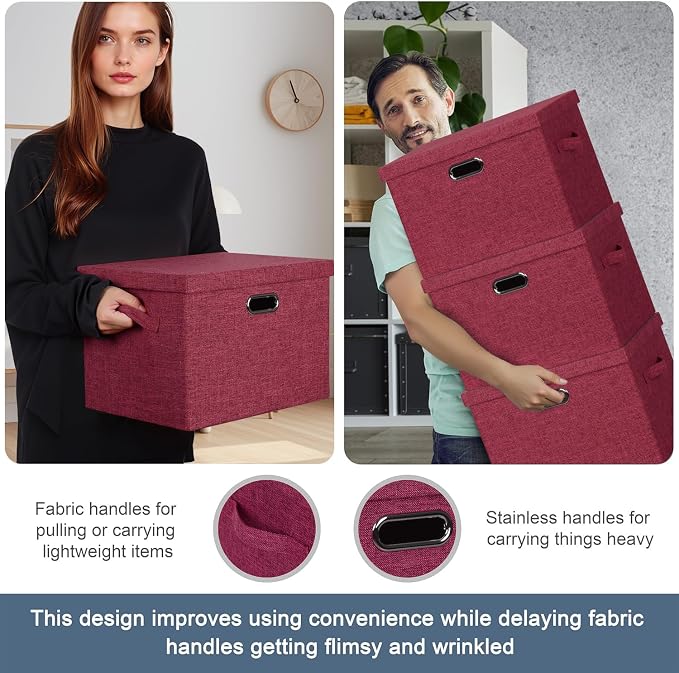 Storage Bins with Lids Fabric Closet Organizers Cubes Office Organization | 36 Quart 3 Pack Bright Red Collapsible Stackable Linen Fabric 4 Handles Bedroom Closet Cabinet Under Bed Clothes Toy Office - Image 5