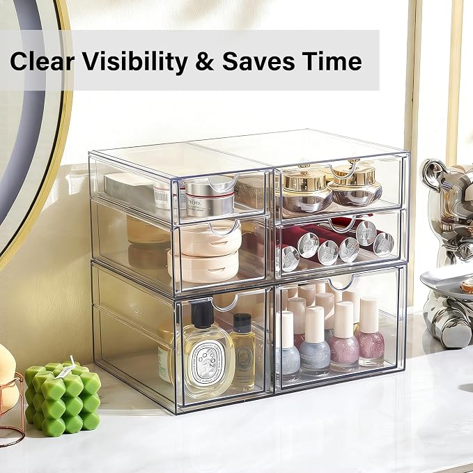 Prsildan Acrylic Makeup Organizer Clear Storage Drawer with 6 Small Drawers | Transparent, Vanity Organizers, For Bathroom Kitchen Cabinet Office Desk Under Sink, Set of 2 - Image 4