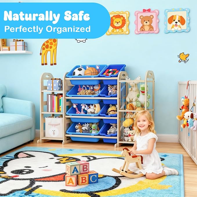 Toy Storage Organizer, Toy Organizers and Storage with Stuffed Animal Storage, Kids Toy Storage Shelf with 3 Shelves 8 Storage Bins, Kids Bookshelf, Toy Holder for Playrooms, Bedrooms, Blue - Image 4