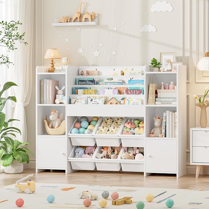 Toy Storage Organizer with 6 Toy Bins & 4 Tier Kids Bookshelf | Toy Organizer with 6 Cubbies, Kids Toy Organizers and Toy Storage with Bins, Playroom Storage and Toy Chest, White - Image 7