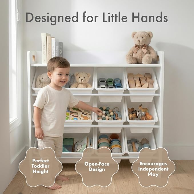 Humble Crew Kids Toy Organizer with Display Shelf, 9 Bins, 3 Tier Storage | Sturdy wood and steel toddler shelf, removable BPA-free containers, wall anchor anti-tip safety kit for bedroom or classroom - Image 3