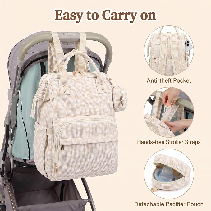 Baby Diaper Bag Backpacks for Mom Dad, Corduroy Large Capacity Multifunction Nappy Bag with Pacifier Case, Baby Travel Essentials Diaper Backpack for Boys Girls - Leopard Khaki - Image 7