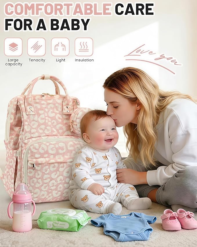 Corduroy Diaper Bag Backpack, Large Capacity Multifunction Baby Diaper Bags for Women, Insulated Bottle Pockets & Pacifier Case, Stylish Travel Nappy Changing Bags for Mom Dad (Leopard Pink) - Image 2