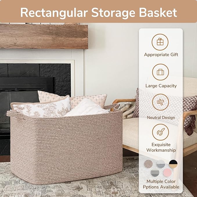 Goodpick 105L Extra Large Woven Rope Blanket Basket, Rectangle, Brown | 25'' x 16'' x 16'' Storage Basket for Blankets, Clothes & Pillows, Living Room & Bedroom Organization, Reinforced Handles - Image 7