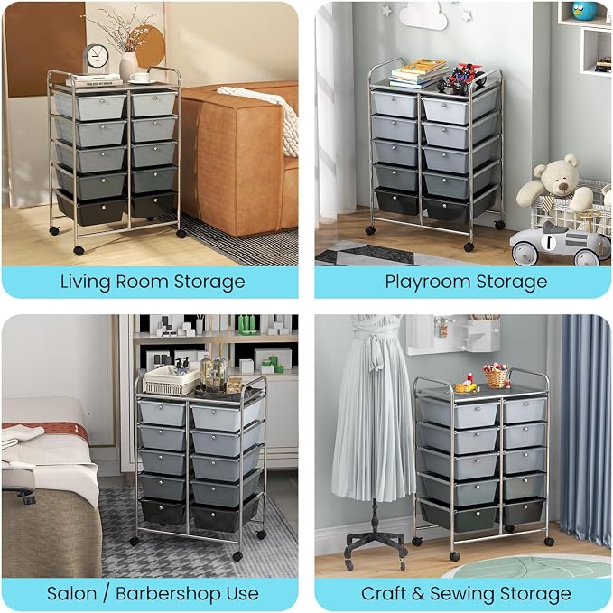 Moccha Rolling Storage Cart with 10 Drawers - Under Desk Cabinet on Wheels for Craft Art Supply Paper Salon, Scrapbook Paper Tools, Multipurpose Mobile Utility Cart for Classroom, Gradient Grey - Image 5