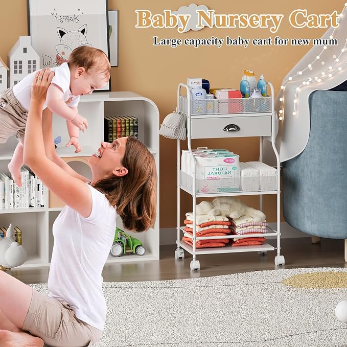 Baby Diaper Caddy Cart Organizer -3 Tier, Bedside Nursery Essentials Organizer & Storage Holder for Newborn Baby Stuff, 2+1 Dividers, 1 Drawer,Rolling Utility Cart for Bedroom,Changing Table, Crib. - Image 8