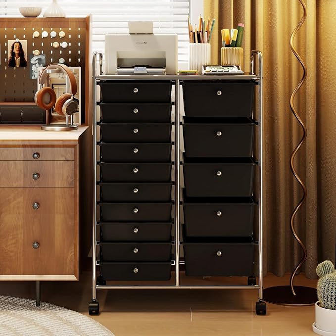 RELAX4LIFE 15-Drawer Rolling Storage Cart - Utility Cart with Metal Frame, Lockable Wheels & Removable Drawers, Multipurpose Art Craft Organizer for Home Office, Classroom (Black) - Image 9