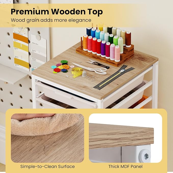 GOFLAME 10-Drawer Rolling Storage Cart, Craft Storage Cart with Wooden Tabletop and Lockable Wheels, Art Cart Supply Storage Organizer with Metal Frame for Home Office Classroom, Macaron Color - Image 5