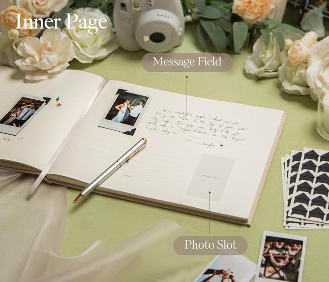 Wedding Photo Guest Book (Oats) - Includes 120 Black Photo Corner Stickers | 11.5" x 8.5" Photo Booth Sign In Book for Reception & Ceremony | Engagement Party Keepsake w/ Photo Slots and Lined Pages - Image 4
