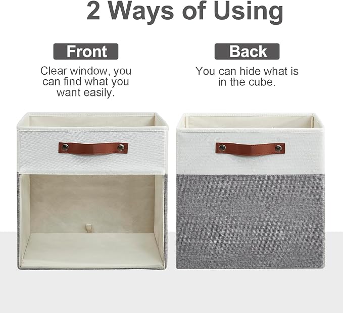 Storage Cubes, 4 Pack Linen Foldable Storage Bins (13 x 13 inch) with Clear Window and 2 Handles, Closet Organizers and Storage for Shelf Closet, Clothes, Books - (Gray and White) - Image 3