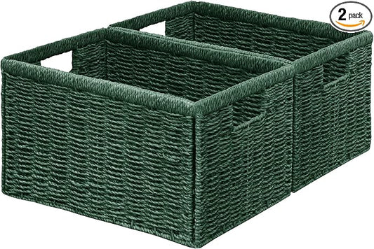 2 Packs Large Wicker Storage Basket, Closet Storage Baskets Bins for Shelves, Decorative Collapsible Baskets for Organizing Clothes Toy Nursery Bathroom Organizers and Storage, Green by Vagusicc