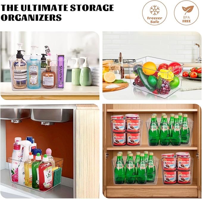 6 Pack Clear Plastic Storage Bins, Kitchen&Pantry Organizer Large | Heavy-duty 450g BPA-free PETG containers with handles for fridge, under-sink, bathroom, office, closet, and dorm storage - Image 6