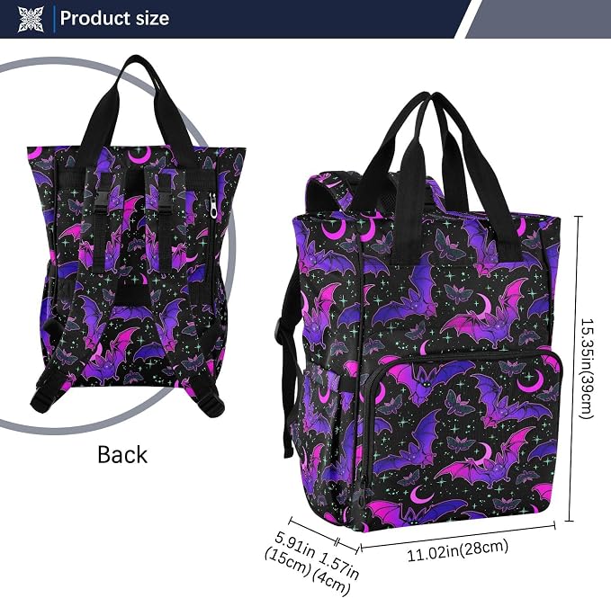MNSRUU Diaper Bag Purple Bat Gothic Diaper Bag Backpack Multifunction Travel Diaper Bag Tote Large Capacity Diaper Changing Backpacks for Moms Dads - Image 3