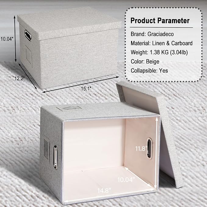 Storage Bins With Lids Office Organization File Folder Organizer Boxes | Beige, 4 Pack, 15.1" * 12.2" * 10.04", Built-In Handle, Collapsible, Stackable, Dustproof, Linen Fabric, Cardboards - Image 2