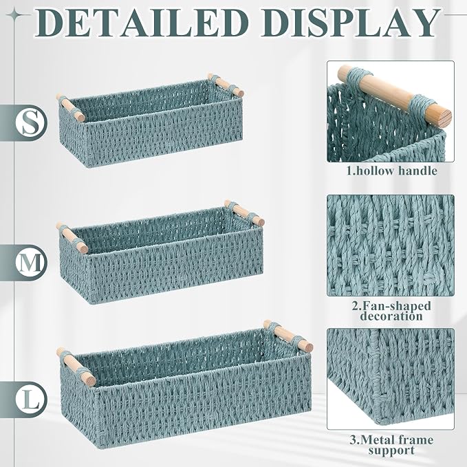 Boao 3 Pcs Boho Storage Wicker Baskets Handmade Woven Decorative Paper Rope Baskets for Organizing with Handle Countertop Toilet Paper Storage Container for Toilet Tank Top(Grey Blue,Rectangle) - Image 2