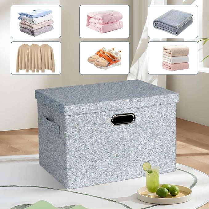 Storage Bins with Lids Fabric Closet Organizers Cubes Office Organization | 36 Quart 3 Pack Blue-Grey Collapsible Stackable Linen Fabric 4 Handles Bedroom Closet Cabinet Under Bed Clothes Toy Office - Image 6