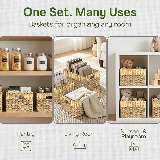 Wicker Storage Basket for Shelves, Set of 4 | Natural Seagrass and Hyacinth, Nesting, Woven Storage Baskets for Organizing Living Room, Shelves, Pantry, Rectangle, Rattan - Image 4