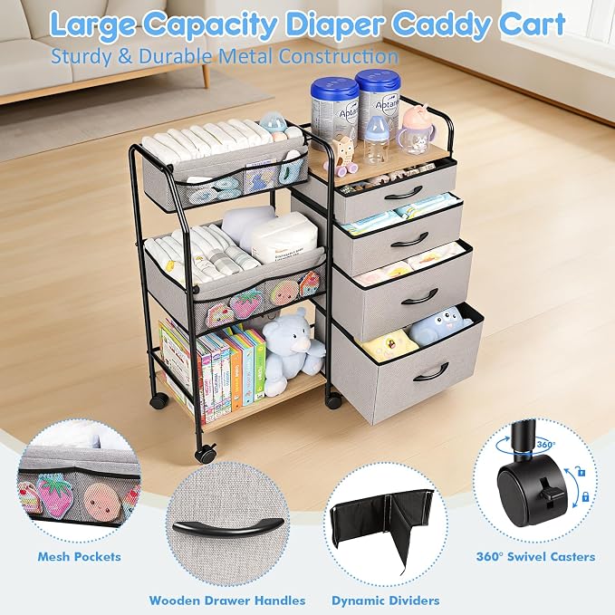 Baby Diaper Caddy Organizer Cart - 4 Tier Rolling Diaper Cart with Wheels, Baby Essentials Organizers and Storage, Mobile Utility Carts for Bedside, Crib Nursury, Bedroom, Changing Table - Image 3