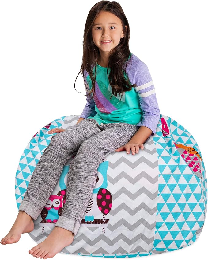 Posh Stuffable Kids Stuffed Animal Storage Bean Bag Chair Cover - Childrens Toy Organizer, Large-38 - Canvas Owls White and Blue - Image 3