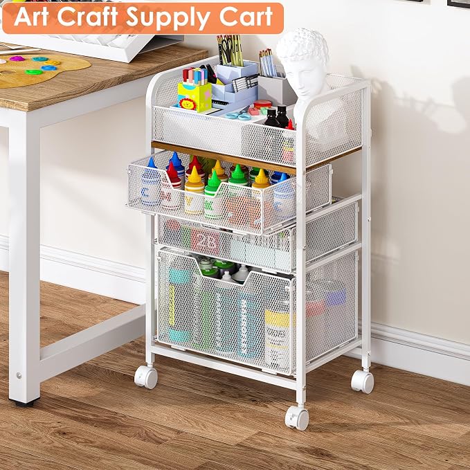4-Tier Rolling Utility Cart with 3 Drawers-White Craft Organizers and Storage with DIY Dividers, Under Desk Cart with Lockable Wheels, Craft Cart Art Cart for Brushes Artifacts Patent Pending - Image 5