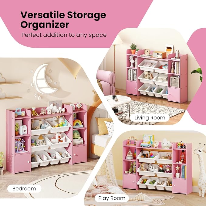 Costzon 56'' Kids Toy Storage Organizer with 8 Removable Bins, 4-Tier Toddler Bookshelf Cubbies, Preschool Children's Montessori Bookshelf w/6 Large Cabinet for Playroom, Daycare, Kids Room, Classroom - Image 9