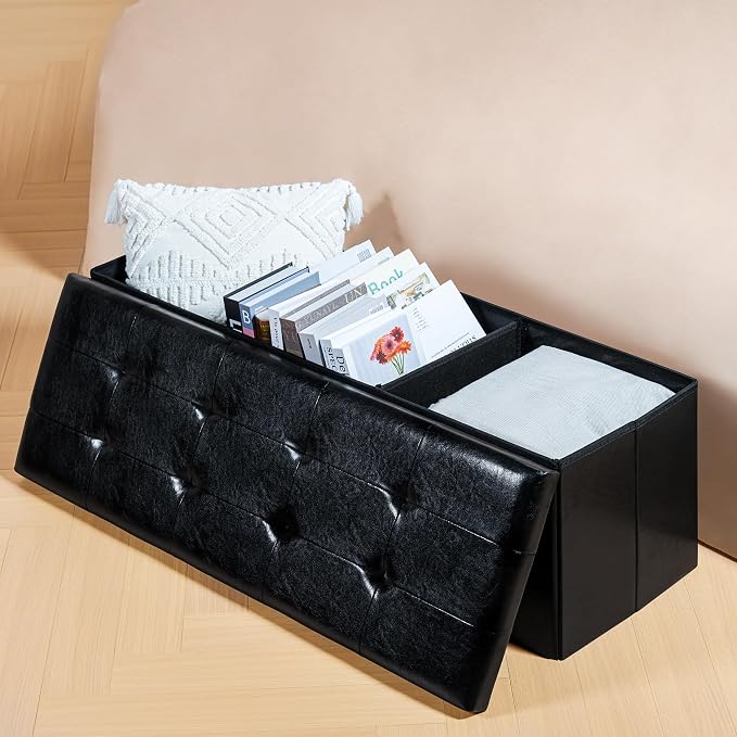 PINPLUS Folding Storage Ottoman Bench, Black Faux Leather Long Ottoman Chest, Footrest Seat, Blanket Storage for Living Room Bedroom Office Hallway, 43.3"x15"x15" - Image 7
