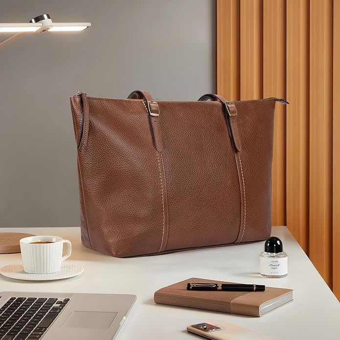 befen Vintage Genuine Leather Work Tote Bag for Women, Tote Bag with Zipper | Large Tote Bag with Zipper Leather Purse and Handbags with Compartment, Vintage Genuine Leather Work Tote Bag for Women - Image 3