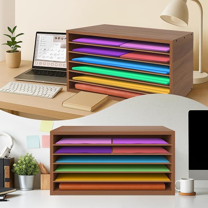 Construction Paper Organizer 20" x 13.5" x12.2",Soild Wooden Paper Organizer with 6-Tier Letter Trays, Desktop File Papers Sorter for Home, Classroom and Office (Walnut) - Image 5