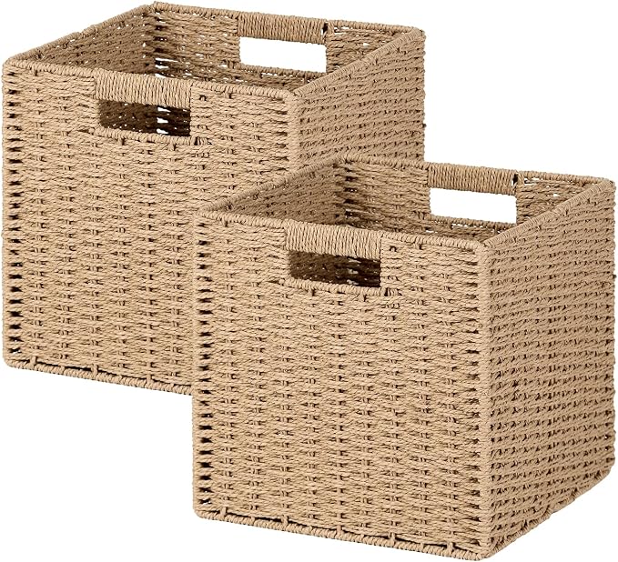 Patvingot 11-Inch Paper Rope Wicker Basket with Built-In Handles,2 Pack | For books, throws and accessories on open shelves, decorative woven texture, metal frame supports the shape, folds flat by Patvingot