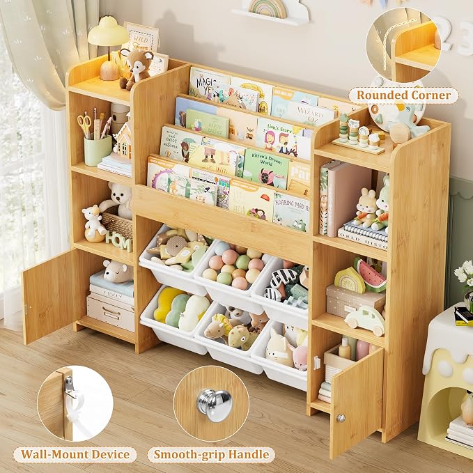 Toy Storage Organizer with 6 Toy Bins & 4 Tier Kids Bookshelf | Toy Organizer with 6 Cubbies, Kids Toy Organizers and Toy Storage with Bins, Playroom Storage and Toy Chest - Image 3