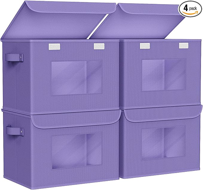 Univivi Fabric Foldable Storage Bins with Lids, 4 Pack, Purple | Stackable Closet Storage Bins, Fabric Closet Organizers and Storage with Lid & Clear Window for Home, Office, Bedroom by Univivi