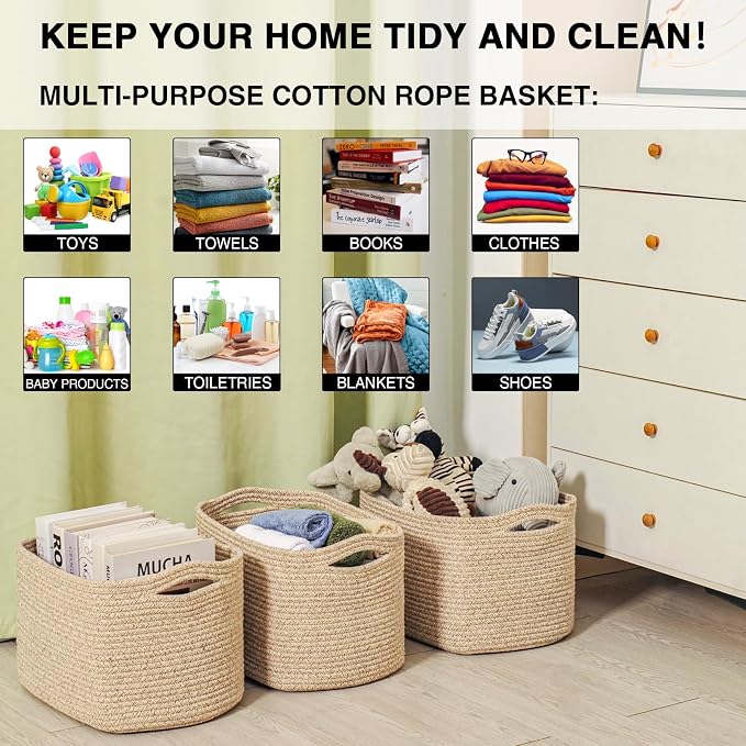 Storage Baskets for Organizing Shelves, Woven Cotton Rope Basket for Storage, Dog Toy Baskets Storage Kids, Cute Shelf Basket for Living Room Bedroom, 14.8"×11"×9.5", Pack of 3, Brown - Image 4