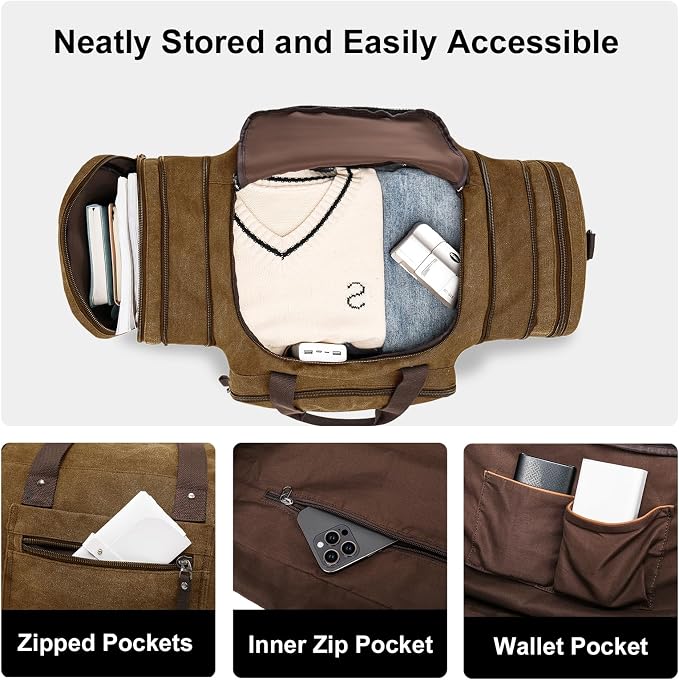 EKOROMIER Large Canvas Duffle Bag for Travel, Expandable 70L Weekender bags | Features Luggage Trolley Sleeve, Multi-Pockets for Traveling, Durable Overnight Carry-On Bag for Men & Women - Coffee - Image 6