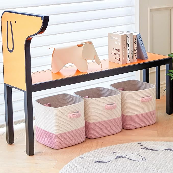 R RUNKA Storage Cube Baskets for Organizing 11 inch-3 Pack- Square Baskets for Cube Storage, Closet Storage Bins - Woven Cube Storage Bins for Shelves- Cube Drawer- Ideal for Toy Storage White & Pink - Image 6