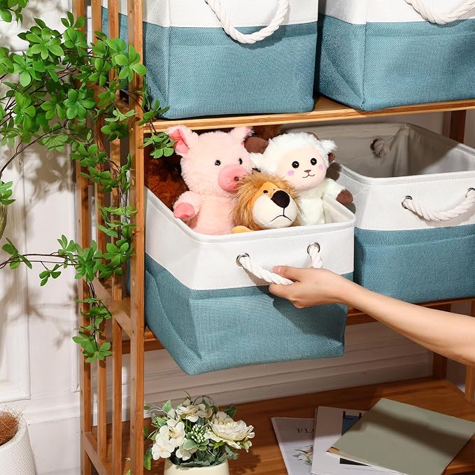 meekoo 8 Pack Collapsible Storage Bins Fabric Storage Bins Polyester Fabric Baskets with Handles Linen Closet Organizer for Shelf Home Closet Towels Toys(15 x 11 x 9.5 in,Cyan White) - Image 3