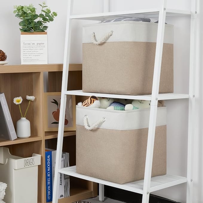 Temary Cube Storage Baskets 4 Pack 13x13 Fabric Cube Storage Bins for Clothes, Large Baskets Boxes with Handles, Canvas Basket for Organizing Towels, Collapsible Storage Bins (White&&Khaki) - Image 3