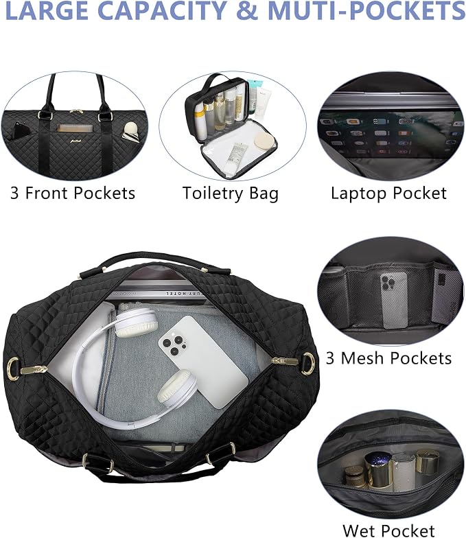FOCDOD Travel Duffle Bag for Women - Weekender Bags with Shoe Compartment Large Carry on Overnight Tote Bag with Toiletry Bag Traveling Yoga Gym Bags with Wet Pocket Mommy Hospital Bag Black - Image 2
