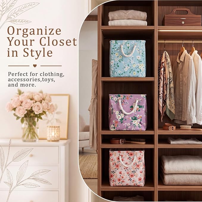 6 Pack Boho Floral Storage Bins 6 Pack, 11 Inch Cube Fabric Storage Baskets | Foldable Fabric Cube Baskets with Reinforced Handles, Floral Laundry Nursery Hamper, for Shelves, Closets, Room Organization - Image 4