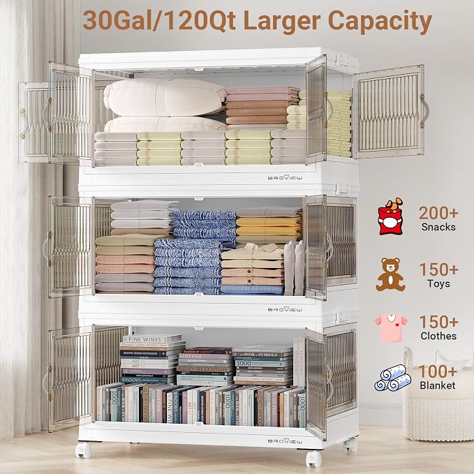 BROVIEW 360Qt Stackable Storage Bins with 3 Lids, Front and Side Open Doors, Plastic Collapsible Closet Organizer and Storage Cabinet, Foldable Box with Wheels Drawer for Home Office, 3Pack White - Image 3