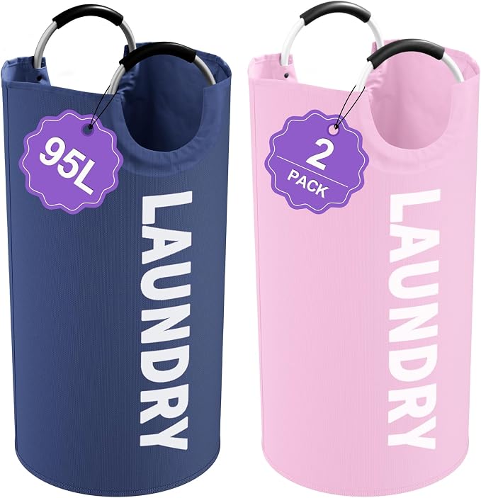2Pcs Folding Laundry Basket for Adult, 95L Portable Laundry Baskets with Aluminum Handles, Multi-functional Dirty Clothes Hampers for Bedroom, Travel, Navy Blue + Pink by IHOMAGIC