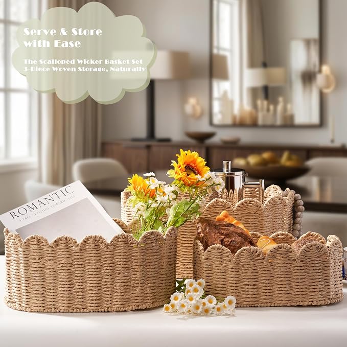 Scalloped Basket Set of 3, Wicker Storage Baskets - Hand-Woven Paper Rope Nursery Organizer for Diaper Caddy, Baby Toys & Shelves, Natural (16x10x7 Inch) - Image 3