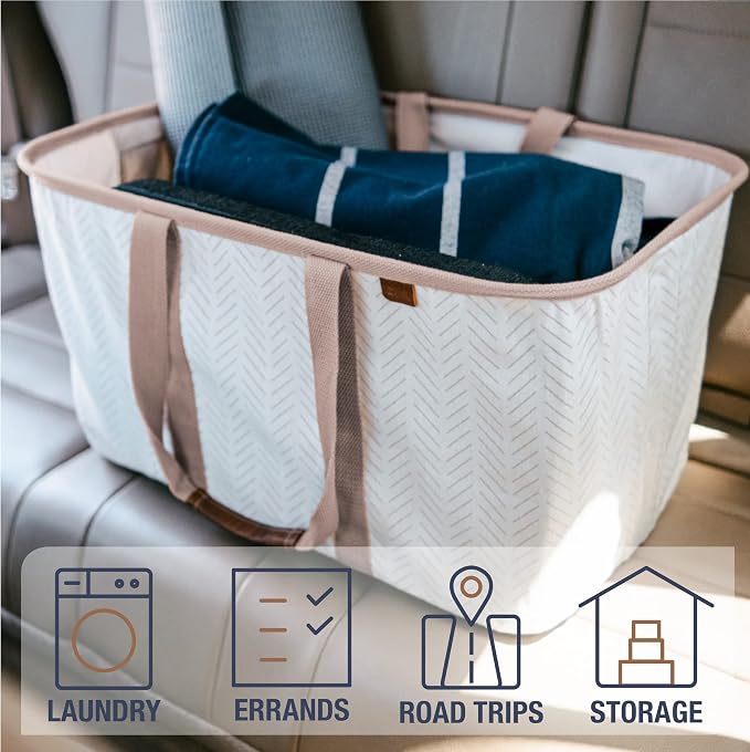 CleverMade Collapsible Laundry Tote LUXE, 50L Carry-All Tote, 2 Pack, Mocha | Bring a Polished Look to Laundry Day | Cotton-Blend Fabric and Vegan Leather Pair with Long Handles and 55 lb Support - Image 6